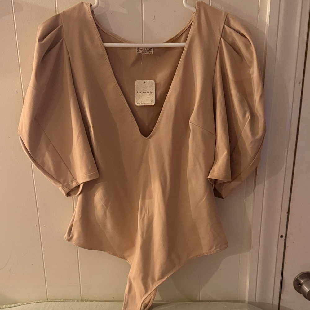NWT Free People Intimately Beige Puff Sleeve V-Neck Bodysuit